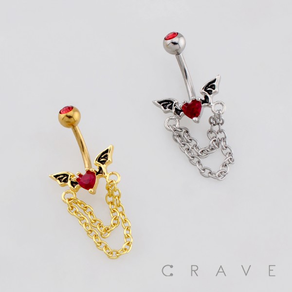 DANGLE CHAIN BAT WINGS HEART BELLY BUTTON NAVEL RING 316L SURGICAL STEEL DANGLE CHAIN BAT WINGS HEART BELLY BUTTON NAVEL RING 316L SURGICAL STEEL